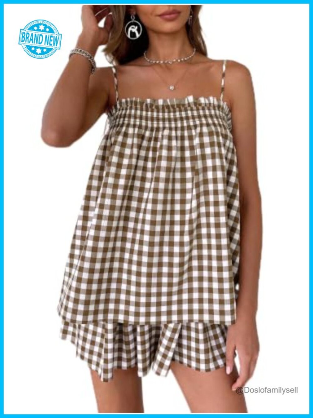Womens Gingham Babydoll Cami Shorts Pajama Lounge Set